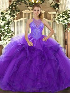 Stylish Sleeveless Floor Length Beading and Ruffles Lace Up Quinceanera Dresses with Purple