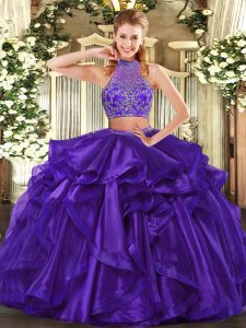 Pretty Purple Organza Criss Cross Quince Ball Gowns Sleeveless Floor Length Beading and Ruffled Layers