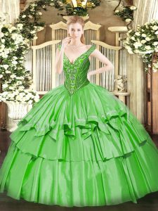 Affordable V-neck Sleeveless Organza and Taffeta Quinceanera Gown Beading and Ruffled Layers Lace Up