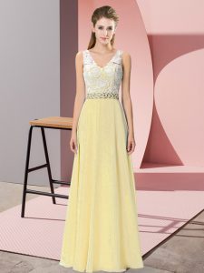 Affordable Floor Length Empire Sleeveless Light Yellow Evening Dress Backless