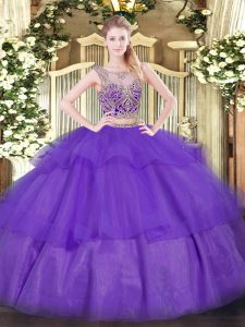 Custom Design Purple Sleeveless Tulle Lace Up Quince Ball Gowns for Military Ball and Sweet 16 and Quinceanera