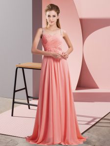 Classical Watermelon Red Sleeveless Chiffon Sweep Train Backless Prom Evening Gown for Prom and Party
