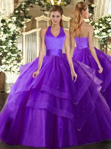 Purple Ball Gowns Halter Top Sleeveless Tulle Floor Length Lace Up Ruffled Layers Quince Ball Gowns