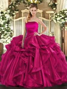 Hot Pink Sleeveless Ruffles Floor Length 15th Birthday Dress