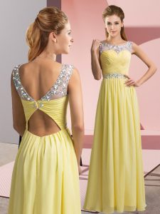 Yellow Empire Beading Prom Gown Clasp Handle Chiffon Sleeveless Floor Length