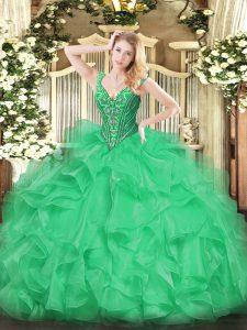 Ball Gowns Ball Gown Prom Dress Green V-neck Organza Sleeveless Floor Length Lace Up
