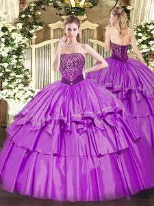 Super Strapless Sleeveless Organza and Taffeta Quince Ball Gowns Beading and Ruffled Layers Lace Up