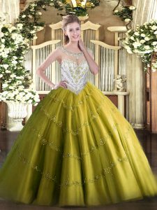 Olive Green Sleeveless Floor Length Beading and Appliques Zipper Quince Ball Gowns
