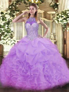 Fitting Lavender Ball Gowns Organza Halter Top Sleeveless Beading and Ruffles and Pick Ups Floor Length Lace Up Sweet 16 Dress