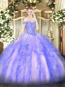 Super Lavender Sleeveless Floor Length Beading and Ruffles Lace Up Quinceanera Dresses