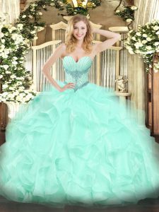 Glittering Apple Green Organza Lace Up Ball Gown Prom Dress Sleeveless Floor Length Beading and Ruffles