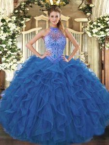 Blue Ball Gowns Halter Top Sleeveless Organza Floor Length Lace Up Beading and Embroidery and Ruffles Quinceanera Dresses