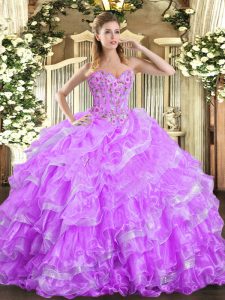 Extravagant Sleeveless Organza Floor Length Lace Up Ball Gown Prom Dress in Lilac with Embroidery and Ruffled Layers