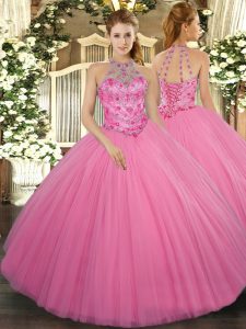Sleeveless Floor Length Beading Lace Up 15th Birthday Dress with Rose Pink