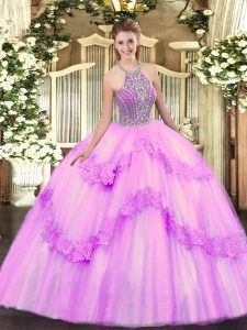 Halter Top Sleeveless Lace Up Quinceanera Gown Lilac Tulle