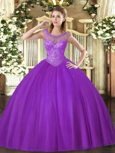 Eggplant Purple Scoop Lace Up Beading Ball Gown Prom Dress Sleeveless