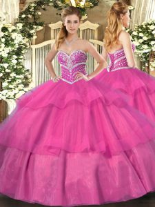 Ball Gowns 15 Quinceanera Dress Hot Pink Sweetheart Tulle Sleeveless Floor Length Lace Up