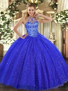 Customized Beading and Embroidery Quinceanera Gown Royal Blue Lace Up Sleeveless Floor Length