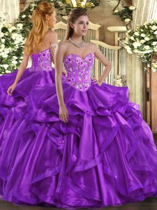 Eggplant Purple Ball Gowns Organza Sweetheart Sleeveless Embroidery and Ruffles Floor Length Lace Up Quinceanera Gown