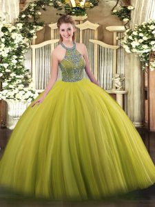 Spectacular Olive Green Sleeveless Tulle Lace Up 15 Quinceanera Dress for Military Ball and Sweet 16 and Quinceanera