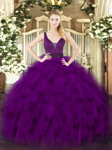 Enchanting Straps Sleeveless Sweet 16 Dress Floor Length Beading and Ruffles Purple Organza