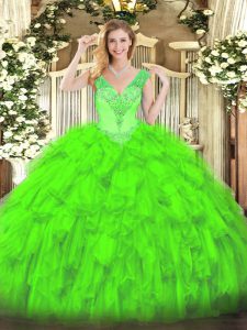 Organza V-neck Sleeveless Lace Up Beading and Ruffles Quince Ball Gowns in