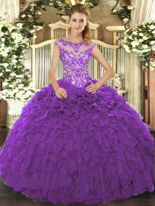 High Class Floor Length Purple Quinceanera Gowns Scoop Cap Sleeves Lace Up
