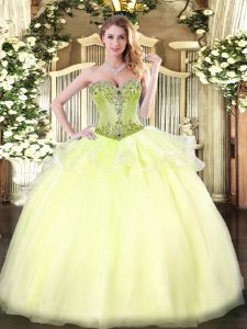 High Quality Light Yellow Sweetheart Neckline Beading Quinceanera Gowns Sleeveless Lace Up