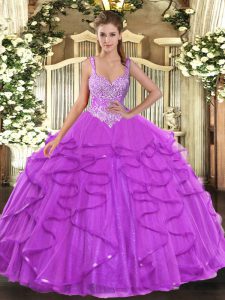 Tulle Straps Sleeveless Lace Up Beading and Ruffles Quinceanera Gown in Eggplant Purple