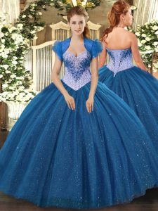 Fabulous Navy Blue Tulle Lace Up Sweetheart Sleeveless Floor Length Quinceanera Gown Beading and Sequins