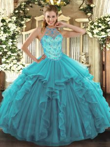 Flare Sleeveless Organza Floor Length Lace Up Quinceanera Gown in Teal with Beading and Embroidery and Ruffles