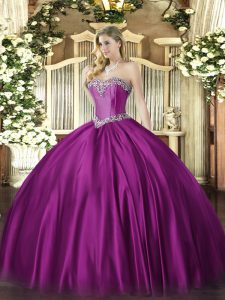 Graceful Fuchsia Ball Gowns Sweetheart Sleeveless Satin Floor Length Lace Up Beading 15th Birthday Dress