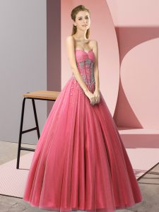 Coral Red A-line Beading Prom Dress Lace Up Tulle Sleeveless Floor Length