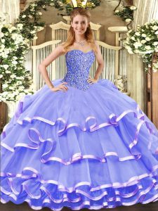 Lavender Sleeveless Floor Length Beading and Ruffled Layers Lace Up 15th Birthday Dress