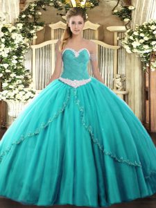 Best Tulle Sweetheart Sleeveless Brush Train Lace Up Appliques Sweet 16 Dresses in Turquoise