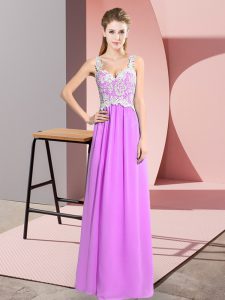 Unique Sleeveless Chiffon Floor Length Zipper Prom Party Dress in Lilac with Lace