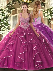 Fuchsia Ball Gowns Tulle Straps Sleeveless Beading Floor Length Lace Up Sweet 16 Dress