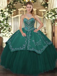 Charming Teal Taffeta and Tulle Lace Up Quinceanera Dress Sleeveless Floor Length Beading