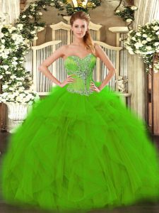 Excellent Sleeveless Organza Floor Length Lace Up Vestidos de Quinceanera in Green with Beading and Ruffles