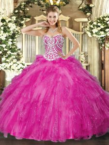 Superior Floor Length Fuchsia Ball Gown Prom Dress Sweetheart Sleeveless Lace Up