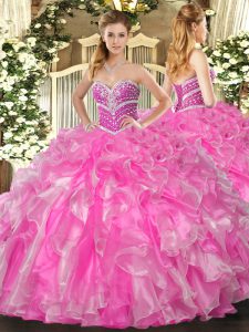 Fabulous Rose Pink Sleeveless Beading and Ruffles Floor Length 15 Quinceanera Dress