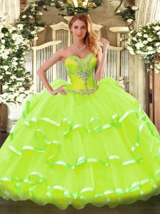 Yellow Green Ball Gowns Beading and Ruffled Layers Quince Ball Gowns Lace Up Organza Sleeveless Floor Length