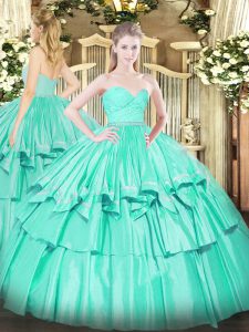 High End Turquoise Organza Zipper Sweetheart Sleeveless Floor Length Quinceanera Dresses Beading and Lace and Ruffled Layers