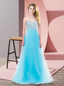 Sophisticated Aqua Blue Tulle Lace Up Homecoming Dress Sleeveless Floor Length Beading