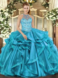 Organza Halter Top Sleeveless Lace Up Beading Quinceanera Gowns in Teal