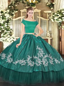 Free and Easy Off The Shoulder Short Sleeves Sweet 16 Dresses Floor Length Embroidery Teal Organza and Taffeta