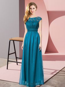 Classical Teal Tulle Zipper Scoop Sleeveless Floor Length Prom Evening Gown Lace