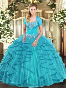 Custom Made Aqua Blue Ball Gowns Beading and Ruffles Quinceanera Dress Lace Up Tulle Sleeveless Floor Length