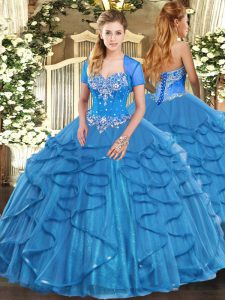 Beautiful Floor Length Baby Blue Quinceanera Dresses Tulle Sleeveless Beading and Ruffles