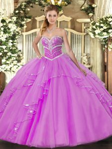 Lilac Tulle Lace Up Quinceanera Gown Sleeveless Floor Length Beading and Ruffles